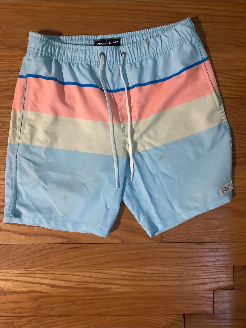 O'Neill Men's Light Blue Swim Shorts with Coral and Cream Diagonal Stripes